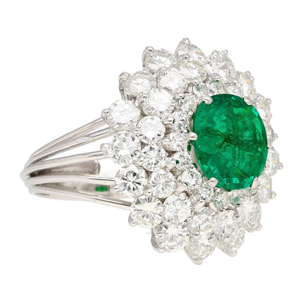 3.19 Carat Oval Cut Colombian Emerald Round Diamond Cluster Vintage Ring-Time and Carat