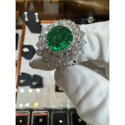 3.19 Carat Oval Cut Colombian Emerald Round Diamond Cluster Vintage Ring-Time and Carat