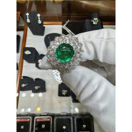 3.19 Carat Oval Cut Colombian Emerald Round Diamond Cluster Vintage Ring-Time and Carat