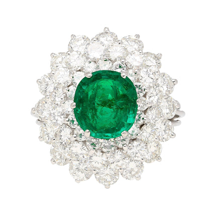 3.19 Carat Oval Cut Colombian Emerald Round Diamond Cluster Vintage Ring-Time and Carat