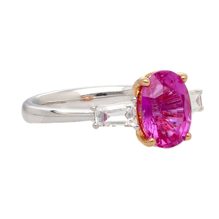3.20 Carat Oval No Heat Madagascar Pink Sapphire Baguette Diamond Three Stone Ring-Time and Carat