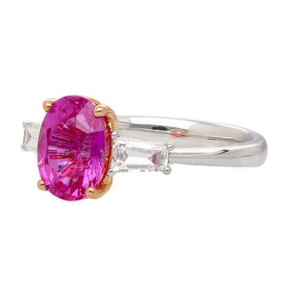 3.20 Carat Oval No Heat Madagascar Pink Sapphire Baguette Diamond Three Stone Ring-Time and Carat