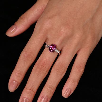 3.20 Carat Oval No Heat Madagascar Pink Sapphire Baguette Diamond Three Stone Ring-Time and Carat