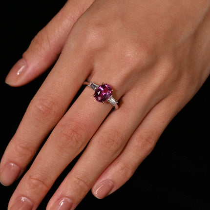 3.20 Carat Oval No Heat Madagascar Pink Sapphire Baguette Diamond Three Stone Ring-Time and Carat