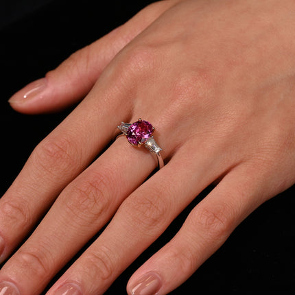 3.20 Carat Oval No Heat Madagascar Pink Sapphire Baguette Diamond Three Stone Ring-Time and Carat