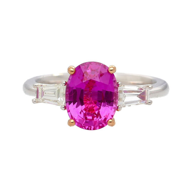 3.20 Carat Oval No Heat Madagascar Pink Sapphire Baguette Diamond Three Stone Ring-Time and Carat