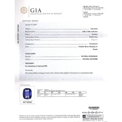 3.25 Carat Cushion No Heat Color Change Blue Sapphire Diamond Engagement Ring-Time and Carat