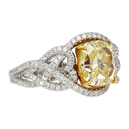 3.25 Carat Radiant Cut Fancy Light Yellow Diamond Heart Shank Engagement Ring Two Tone Gold-Time and Carat