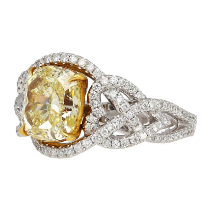 3.25 Carat Radiant Cut Fancy Light Yellow Diamond Heart Shank Engagement Ring Two Tone Gold-Time and Carat