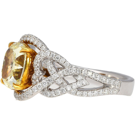 3.25 Carat Radiant Cut Fancy Light Yellow Diamond Heart Shank Engagement Ring Two Tone Gold-Time and Carat