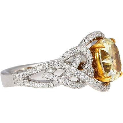3.25 Carat Radiant Cut Fancy Light Yellow Diamond Heart Shank Engagement Ring Two Tone Gold-Time and Carat