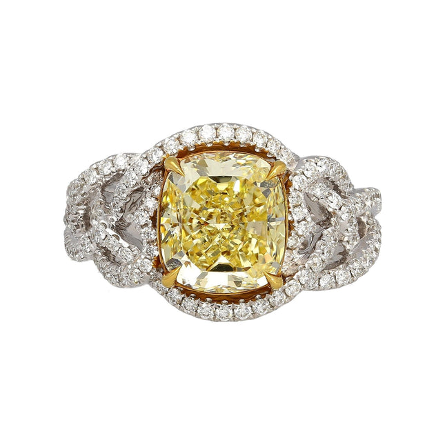 3.25 Carat Radiant Cut Fancy Light Yellow Diamond Heart Shank Engagement Ring Two Tone Gold-Time and Carat