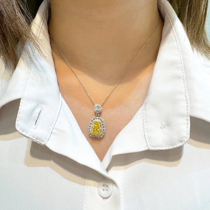 3.28 Carat Shield Cut Fancy Intense Yellow Diamond Pendant Double Halo Pink Diamond-Time and Carat
