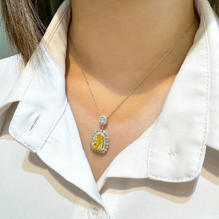 3.28 Carat Shield Cut Fancy Intense Yellow Diamond Pendant Double Halo Pink Diamond-Time and Carat