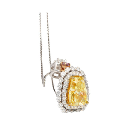 3.28 Carat Shield Cut Fancy Intense Yellow Diamond Pendant Double Halo Pink Diamond-Time and Carat