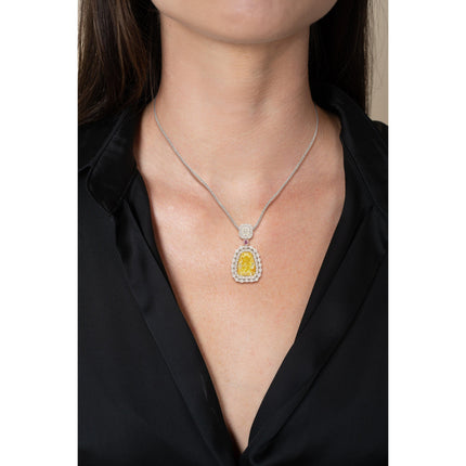3.28 Carat Shield Cut Fancy Intense Yellow Diamond Pendant Double Halo Pink Diamond-Time and Carat