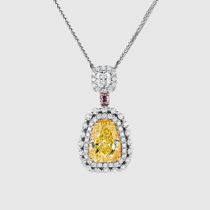 3.28 Carat Shield Cut Fancy Intense Yellow Diamond Pendant Double Halo Pink Diamond-Time and Carat