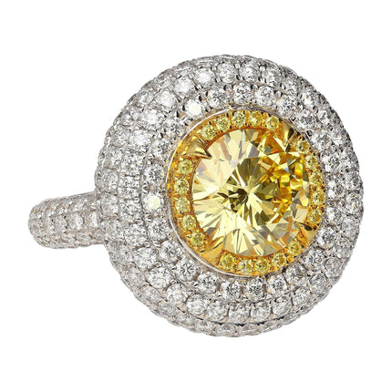 3.30 Carat Round Brilliant Fancy Intense Yellow Diamond Halo Ring-Time and Carat