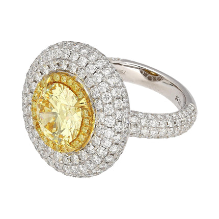 3.30 Carat Round Brilliant Fancy Intense Yellow Diamond Halo Ring-Time and Carat
