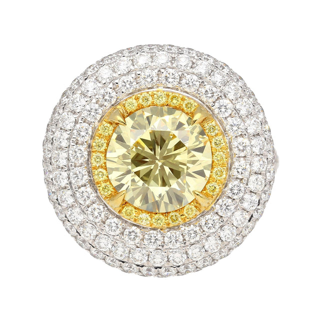 3.30 Carat Round Brilliant Fancy Intense Yellow Diamond Halo Ring-Time and Carat
