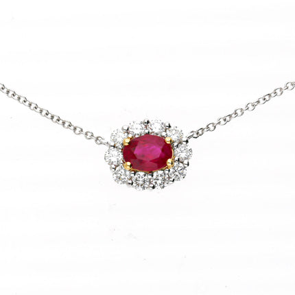 GIA Certified Burma Ruby Diamond Halo 18K White Yellow Gold Necklace and Earring Suite Three Piece Set