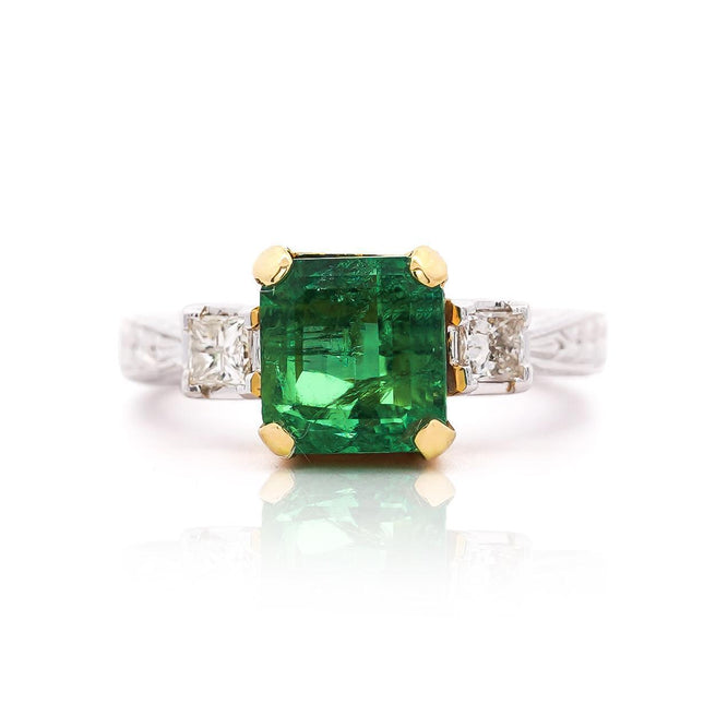 3.38 Carat Octagonal Step Cut Colombian Emerald Princess Cut Diamond Three Stone Ring Platinum 18K Gold Filigree-Time and Carat