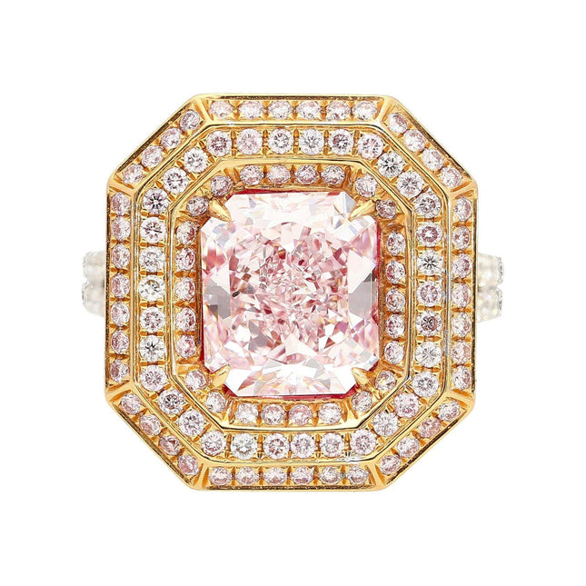 3.48 Carat Radiant Cut Light Pink Diamond Triple Halo Cathedral Ring Split Shank-Time and Carat