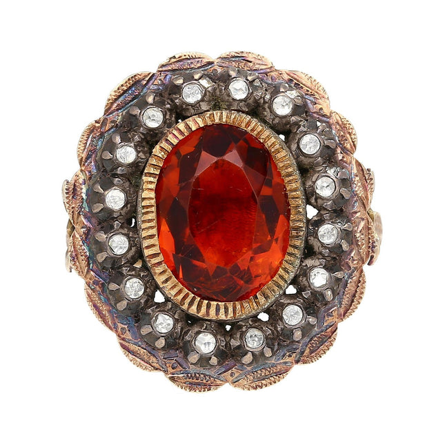 3.50 Carat Oval Cut Orange Citrine Rose Cut Diamond Antique Silver Gold Ring-Time and Carat