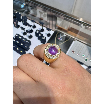 3.50 Carat Oval Double Cabochon Pink Purple Star Sapphire Diamond Dome Ring 18K Gold-Time and Carat