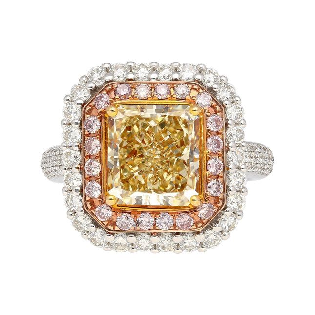 3.51 Carat Radiant Cut Fancy Brownish Yellow Diamond Halo Ring Tri-Tone Gold-Time and Carat