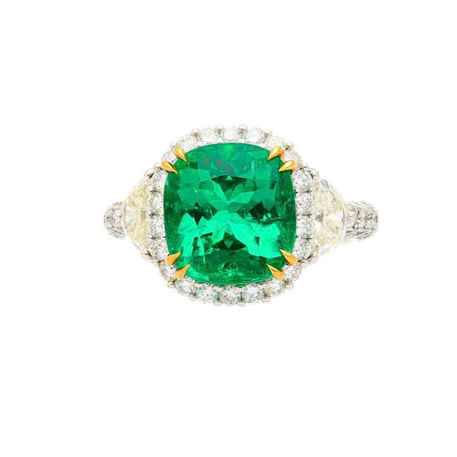 3.52 Carat Cushion Cut Minor Oil Colombian Emerald Half Moon Diamond Halo Ring-Time and Carat