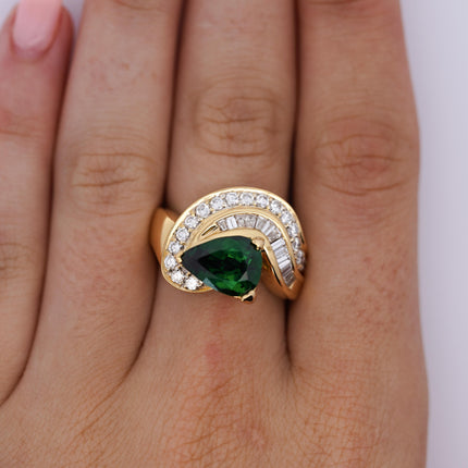 3.55 Carat Pear Cut Tsavorite Diamond Bypass Cocktail Ring 18K Yellow Gold-Time and Carat