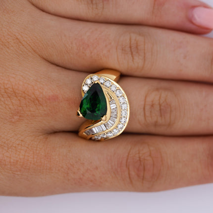 3.55 Carat Pear Cut Tsavorite Diamond Bypass Cocktail Ring 18K Yellow Gold-Time and Carat