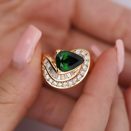 3.55 Carat Pear Cut Tsavorite Diamond Bypass Cocktail Ring 18K Yellow Gold-Time and Carat