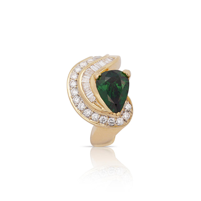 3.55 Carat Pear Cut Tsavorite Diamond Bypass Cocktail Ring 18K Yellow Gold-Time and Carat