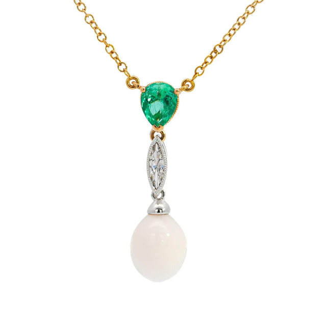 3.61 Carat Semi-Baroque Natural Conch Pearl Emerald Diamond Drop Pendant Vintage-Time and Carat