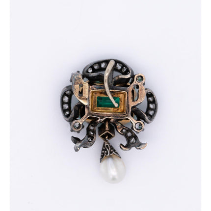 3.65 Carat Emerald Cut Colombian Emerald Old Mine Diamond Pearl Victorian Pendant Silver-Time and Carat