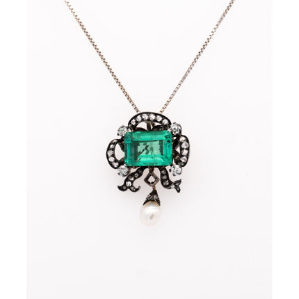 3.65 Carat Emerald Cut Colombian Emerald Old Mine Diamond Pearl Victorian Pendant Silver-Time and Carat