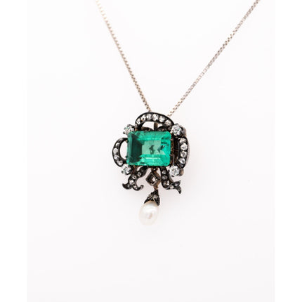 3.65 Carat Emerald Cut Colombian Emerald Old Mine Diamond Pearl Victorian Pendant Silver-Time and Carat