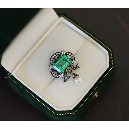 3.65 Carat Emerald Cut Colombian Emerald Old Mine Diamond Pearl Victorian Pendant Silver-Time and Carat
