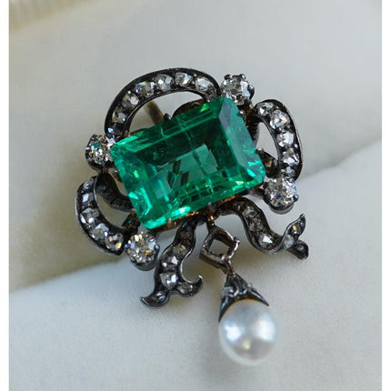 3.65 Carat Emerald Cut Colombian Emerald Old Mine Diamond Pearl Victorian Pendant Silver-Time and Carat