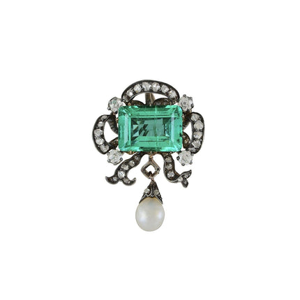 3.65 Carat Emerald Cut Colombian Emerald Old Mine Diamond Pearl Victorian Pendant Silver-Time and Carat