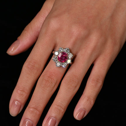 3.80 Carat Oval Cut No Heat Burma Ruby Ring With Round Diamond Halo in Platinum