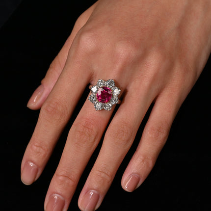 3.80 Carat Oval Cut No Heat Burma Ruby Ring With Round Diamond Halo in Platinum