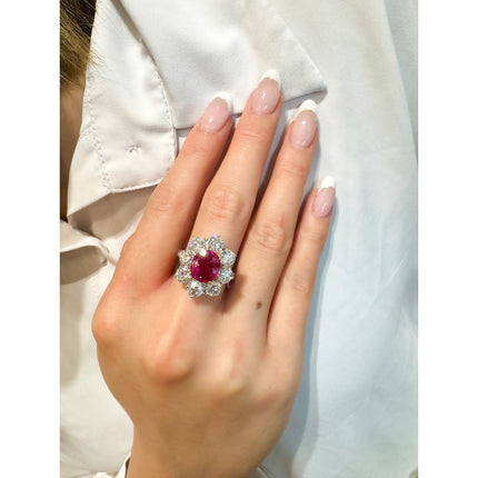 3.80 Carat Oval Cut Purplish Red Burma Ruby Round Diamond Halo Ring-Time and Carat