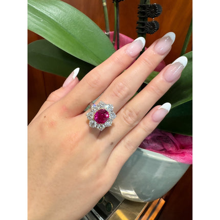 3.80 Carat Oval Cut Purplish Red Burma Ruby Round Diamond Halo Ring-Time and Carat