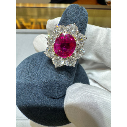 3.80 Carat Oval Cut Purplish Red Burma Ruby Round Diamond Halo Ring-Time and Carat