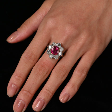 3.80 Carat Oval Cut Purplish Red Burma Ruby Round Diamond Halo Ring-Time and Carat