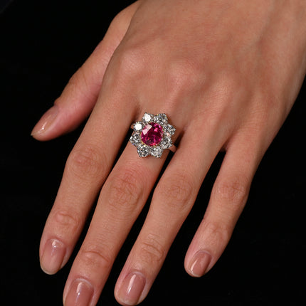 3.80 Carat Oval Cut Purplish Red Burma Ruby Round Diamond Halo Ring-Time and Carat