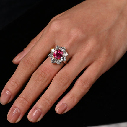 3.80 Carat Oval Cut Purplish Red Burma Ruby Round Diamond Halo Ring-Time and Carat